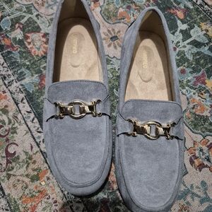 NWOB Gray Suede Loafers with Gold Buckle